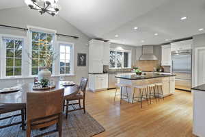 Kitchen with appliances with stainless steel finishes, a kitchen bar, light wood finished floors, wall chimney range hood, and backsplash