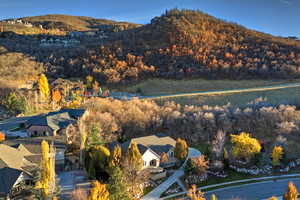 Aerial view of property and surrounding area featuring a mountainous background and a heavily wooded area