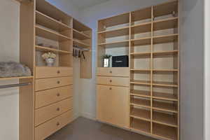 Walk in closet featuring light carpet