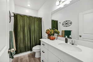 Main Bathroom featuring vanity, a shower with curtain, and light wood-style floors