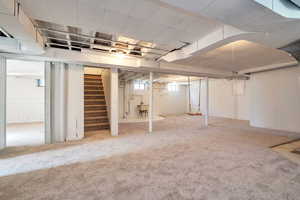 Below grade area featuring carpet floors and stairs