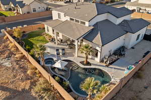 Aerial view of residential area with a pool area