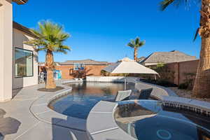 View of swimming pool with a fenced backyard and a patio