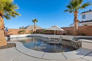 View of swimming pool with a fenced backyard and a patio area