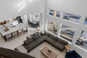 Living room featuring a towering ceiling
