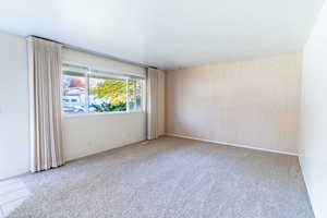 Carpeted living room with wallpapered walls and baseboards