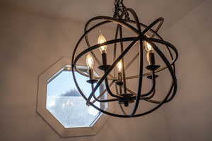 Detailed view of a chandelier and front accent window