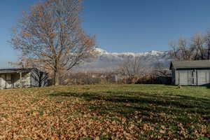 View of green lawn featuring a shed and the view of Harrisville Park and Ben Lomond Mountain