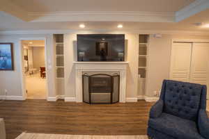 Living area featuring crown molding, a fireplace, a tray ceiling, wood finished floors, and recessed lighting