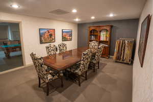 Community Conference room with carpet flooring, recessed lighting, and wallpapered walls