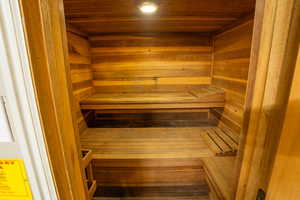 Sauna / steam room with wood ceiling