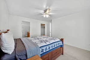 Bedroom featuring carpet, a ceiling fan, a walk in closet, and a textured ceiling