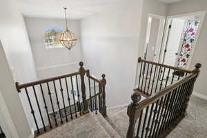 Stairs with carpet flooring and a chandelier