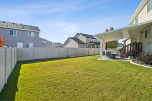 Fenced backyard featuring a patio and a residential view