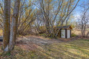 View of yard featuring a storage shed