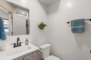 Full bathroom featuring vanity and a shower with shower curtain