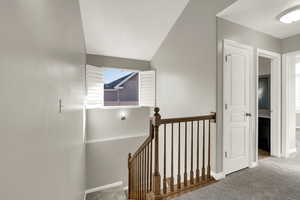Stairway with carpet floors and vaulted ceiling
