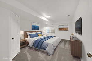 Bedroom with carpet floors and baseboards