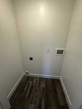 Laundry room with dark wood finished floors, washer hookup, and electric dryer hookup