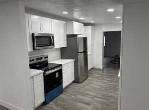Kitchen with stainless steel appliances, a textured ceiling, white cabinetry, dark wood-style floors, and recessed lighting
