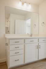 Bathroom featuring light wood-type flooring, vanity, and a shower