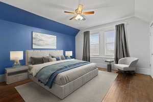 Bedroom with dark wood-style floors, lofted ceiling, and ceiling fan