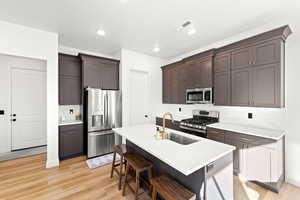 Kitchen featuring tasteful backsplash, a breakfast bar area, appliances with stainless steel finishes, a kitchen island with sink, and light wood-style flooring