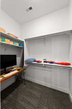 Walk in closet with dark colored carpet