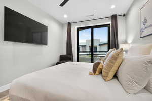 Bedroom featuring access to outside, ceiling fan, recessed lighting, and wood finished floors