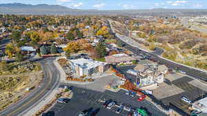 Aerial overview of property's location with mountains