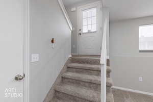 Stairway featuring baseboards and carpet flooring