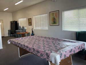 Bedroom featuring dark colored carpet