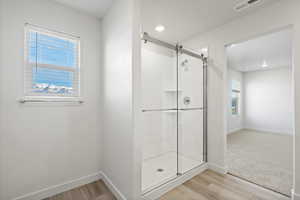 Full bath featuring a stall shower and light wood-style flooring