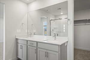 Bathroom featuring carpet flooring, a spacious closet, double vanity, and a shower stall
