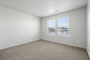 Unfurnished room featuring light carpet and a textured ceiling
