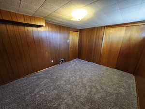 Spare room featuring carpet and wooden walls