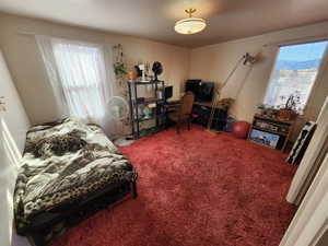Bedroom featuring carpet and a desk