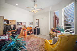 Carpeted home office featuring recessed lighting and ceiling fan