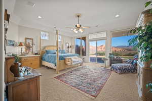 Bedroom with access to exterior, light carpet, a mountain view, ceiling fan, and recessed lighting