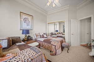 Carpeted bedroom with a closet, a ceiling fan, and a tray ceiling