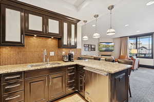 Kitchen featuring dark brown cabinets, tasteful backsplash, a peninsula, stainless steel dishwasher, and light stone counters