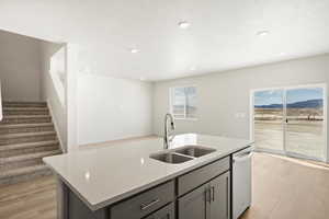 **DISCLAIMER - INTERIOR & EXTERIOR options may vary. Kitchen featuring gray cabinetry, an island with sink, light stone counters, light wood-style flooring, and healthy amount of natural light