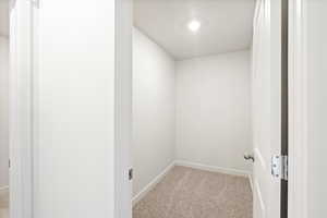 Washroom featuring baseboards and light colored carpet
