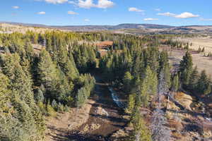 Aerial view of property and surrounding area featuring a mountain backdrop and a forest