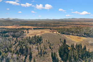 Aerial overview of property's location featuring a mountainous background and a heavily wooded area