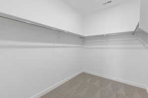 Walk in closet featuring light carpet