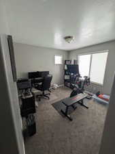 Office area featuring carpet flooring and a textured ceiling