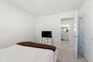 Bedroom with light colored carpet