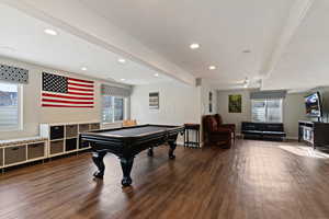 Recreation room with pool table, recessed lighting, wood finished floors, and beam ceiling