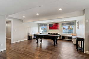 Playroom with billiards table, dark wood-style flooring, and recessed lighting